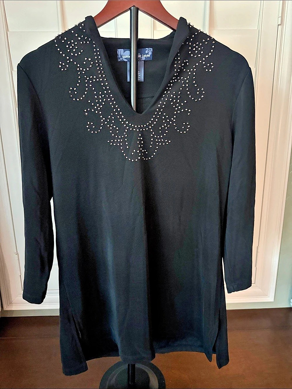 Susan Graver Set Black Embellished Tunic Pant Set
